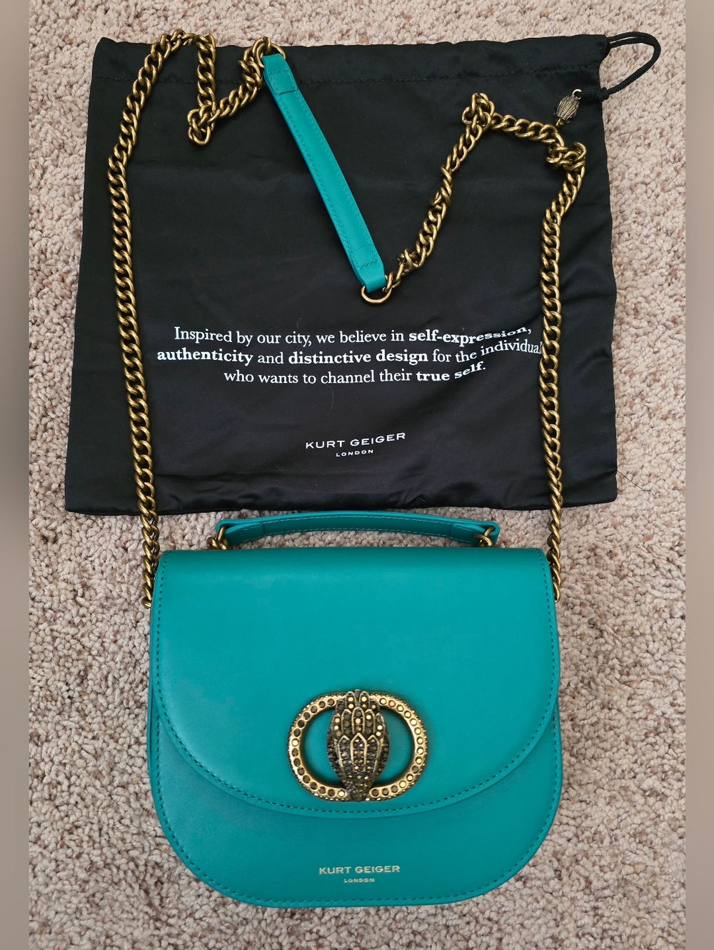 Kurt Geiger London Chelsea Leather Saddle Bag Open Green Convertible Chain NWT
